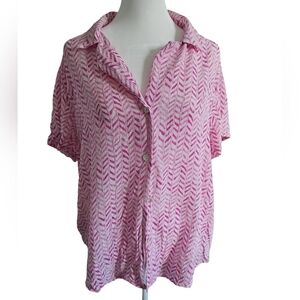 Tommy Bahama 100% Silk Pink & White Buttoned Down Shot Sleeve Blouse Large